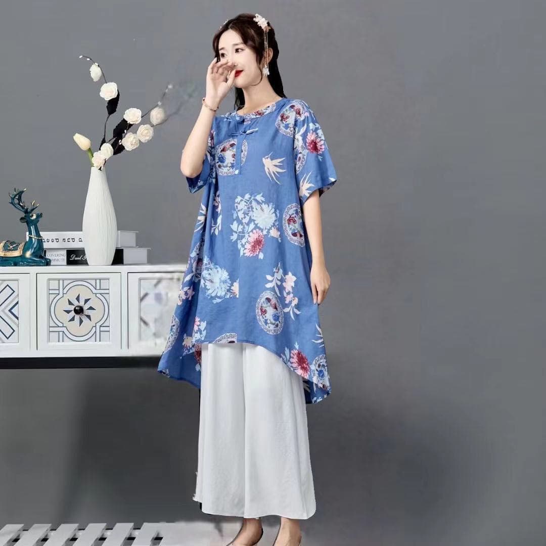 2025 Spring/Summer New Style Cotton Linen Printed Literary Women's Loose-fitting White Pants Set, Travel Ethnic Style Clothing