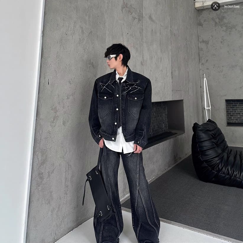 2025 Spring/Fall New Original Niche Design Water Ripple Denim Set with Shoulder-Padded Jacket and Denim Long Pants, Two Pieces