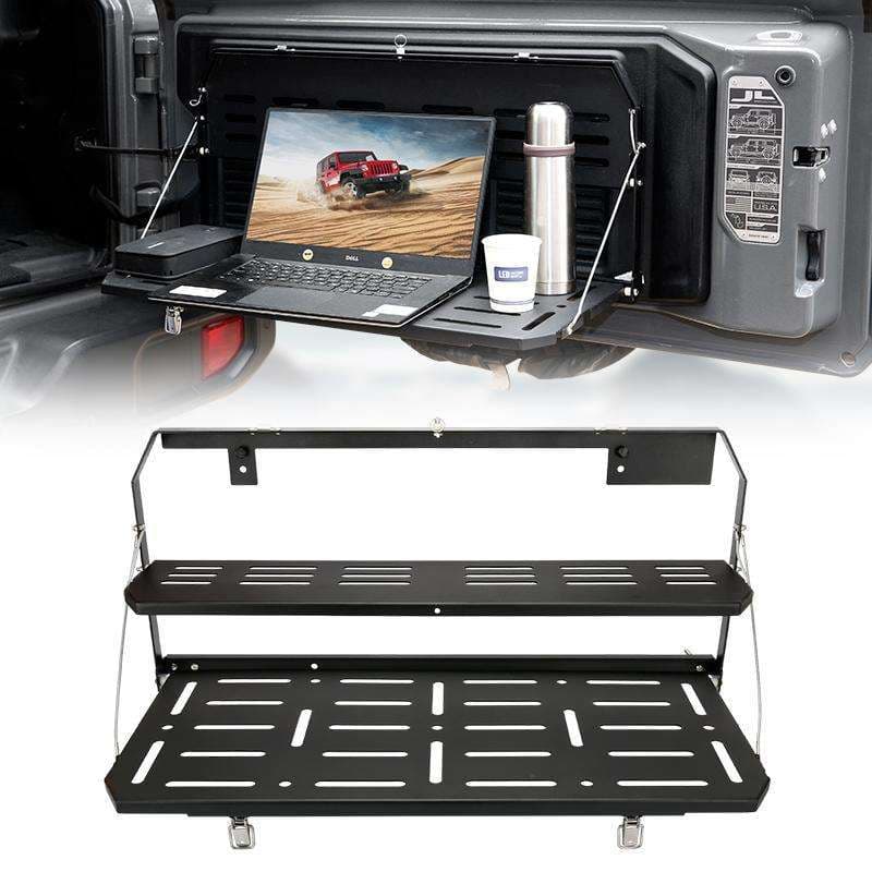 Rear Tailgate Table Storage Shelf Double Layer Support Up to 80 lbs Foldable Rear Rack for Jeep Wrangler