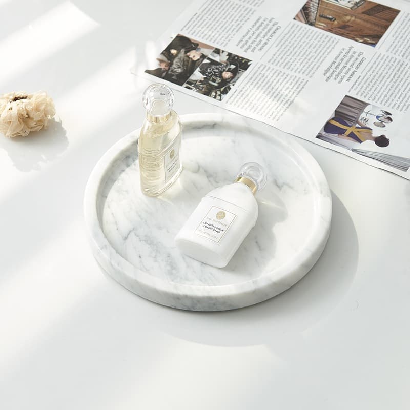 Italian imported Carrara white round tray for jewelry and cosmetics storage, earring, stud, ring, necklace display tray