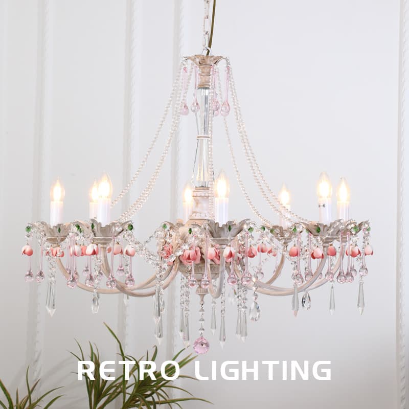 French Retro Living Room Chandelier Luxury Crystal Candle Light Mid-Century Romantic Rose Flower Dining Room Bedroom Lighting