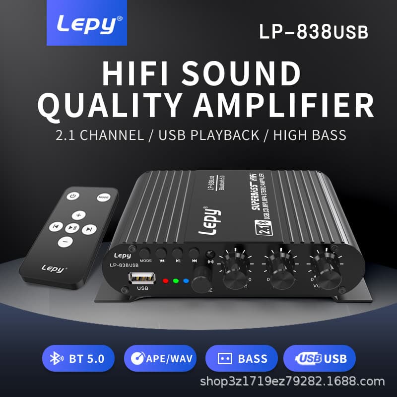 Bluetooth 838 Amplifier with USB, SD Card, Lossless Music Playback, 2.1 Channel Subwoofer, and High Power