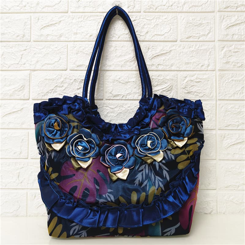 Large Capacity Single Shoulder Bag Women's Handbag Korean Style Handmade Flower Bag Ethnic Style Hanfu Bag Silk Cloth Bag
