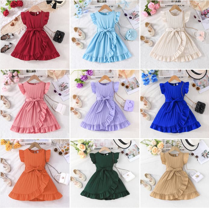 2025 Summer Fashion New Girls Solid Color Wave Stripe Flutter Sleeve Round Neck Ruffle Dress with Belt
