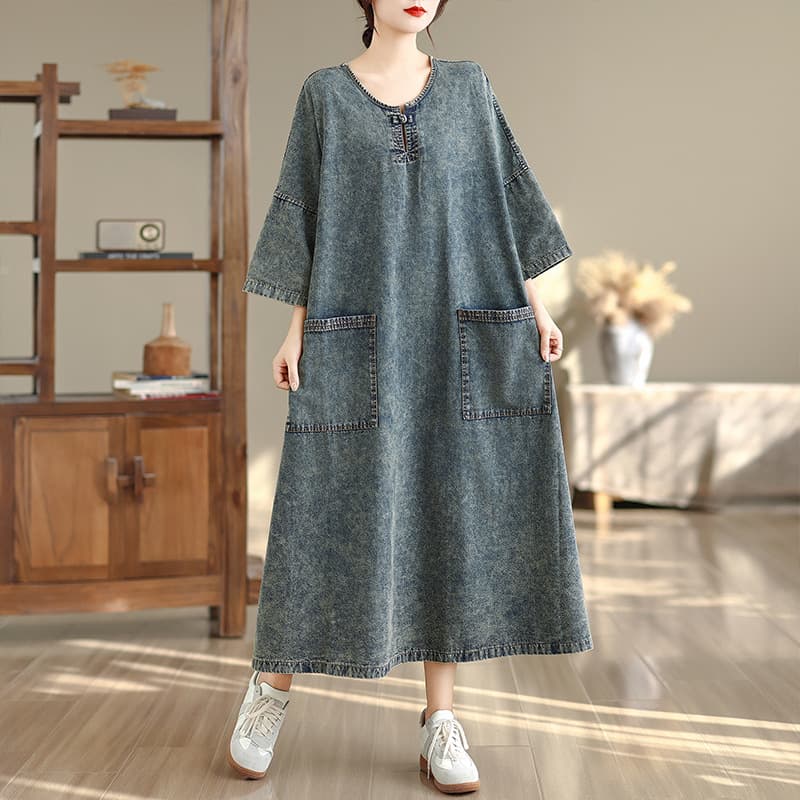 2023 Denim Dress Mid-Length Loose Casual Fashion Plus Size Women Retro Chinese Style Dress