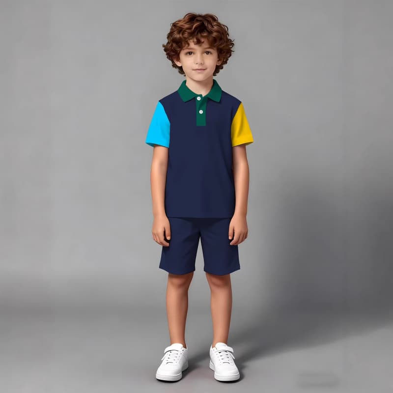 Striped Color Block Print Boys' Summer Outfit Set New Stylish Short Sleeve Shirt and Shorts Two-Piece Set