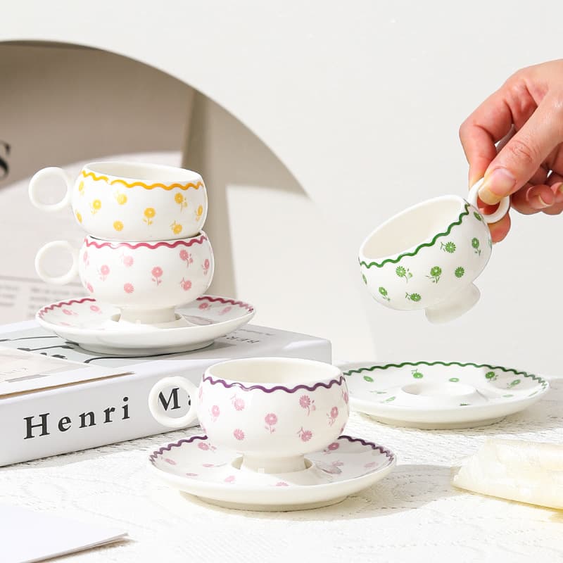 Fresh New Dandelion Coffee Cup and Saucer, Home Espresso Ceramic Coffee Cup Set, Afternoon Tea Coffee Cup Set