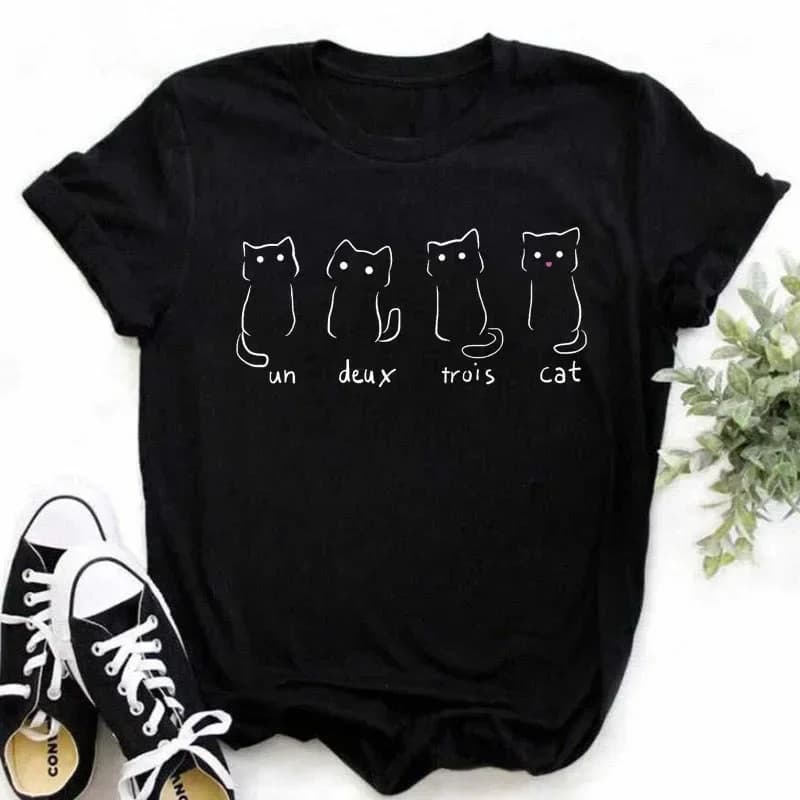 Ouma Cotton Maycaur Kawaii Cats Print Summer Cute Women Tshirt F