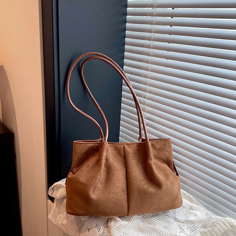 Large Capacity Solid Color Frosted Tote Bag Work Commute Single Shoulder Underarm Bag Niche Stylish Fashion Pleated Handbag