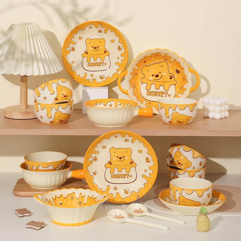 Cute Cartoon Underglaze Ceramic Tableware Bowl and Dish Set, Household Bowl, Plate, Soup Bowl, Instant Noodle Bowl, Spoon, Chopsticks