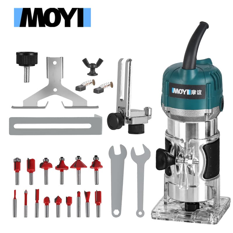 Electric woodworking tool for carving, drilling, grooving, chamfering, edge trimming, and corner cutting. Features include: edge trimming machine, electric milling machine.