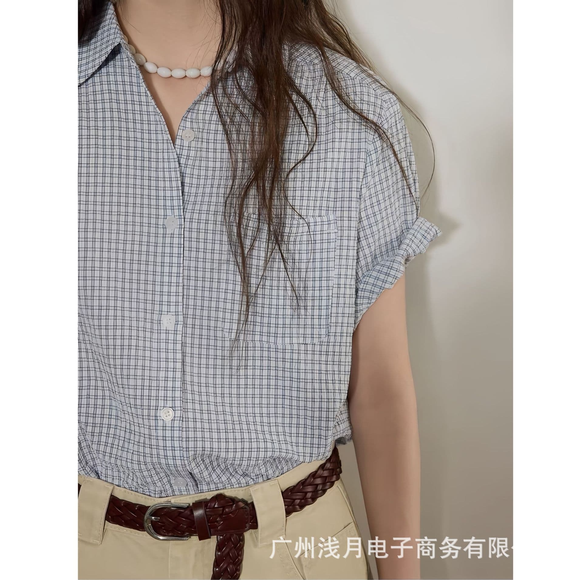 Lofi chose Color-blocked Plaid Design Short-sleeve Shirt for Women New Summer Simple Loose Versatile Top