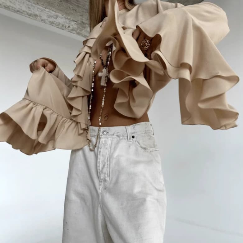 2026 hot spring and summer European and American fashion women's chiffon ruffle design round neck bell sleeve women's shirt tops