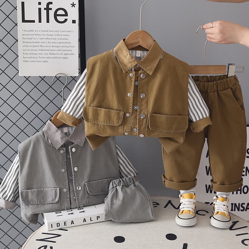 Boys Autumn Outfit Set 2026 New Baby Spring Autumn Cargo Vest Shirt Long Sleeve 3-Piece Set Stylish Trendy Wholesale