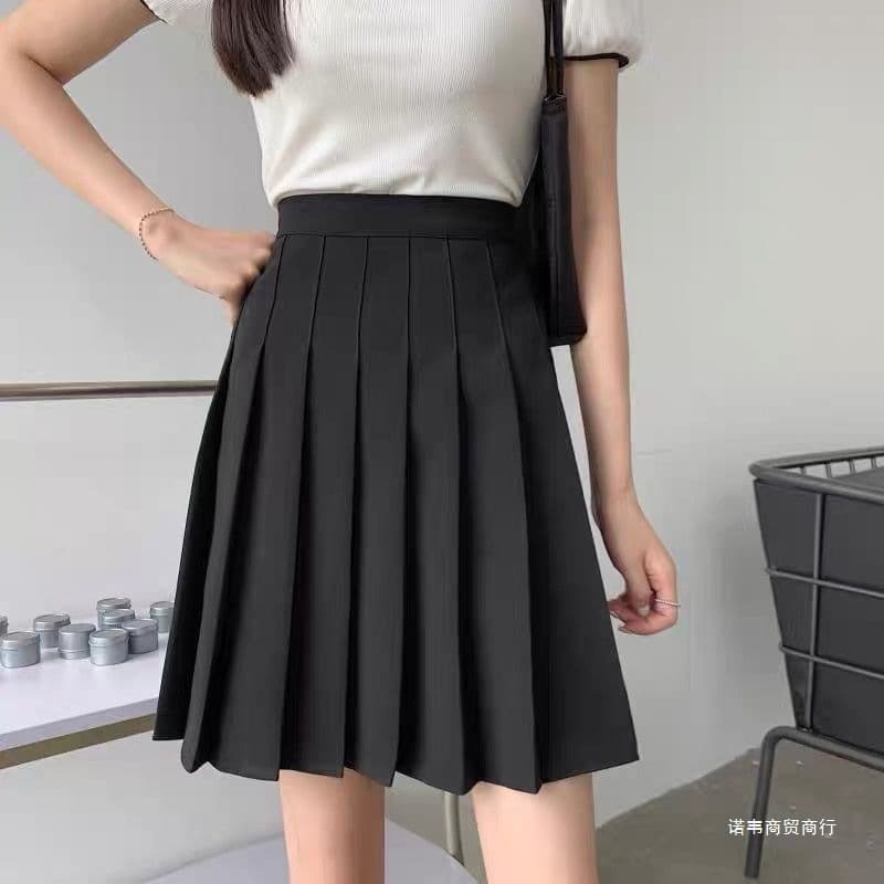 Tall Plus Length Pleated Skirt Women Autumn Black High Waist Slimming A-Line Half Skirt Anti-Exposure Suit Short Skirt