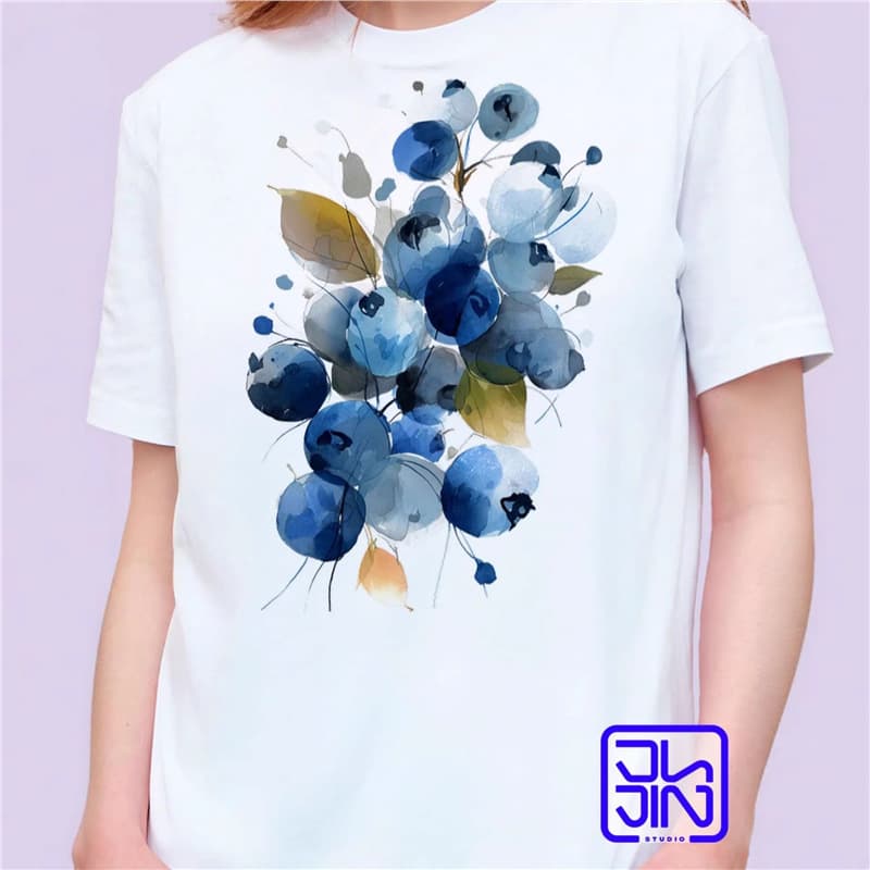 OZON Cross-border Watercolor Blueberry Print Cotton Short Sleeve T-Shirt European and American Style Niche Design