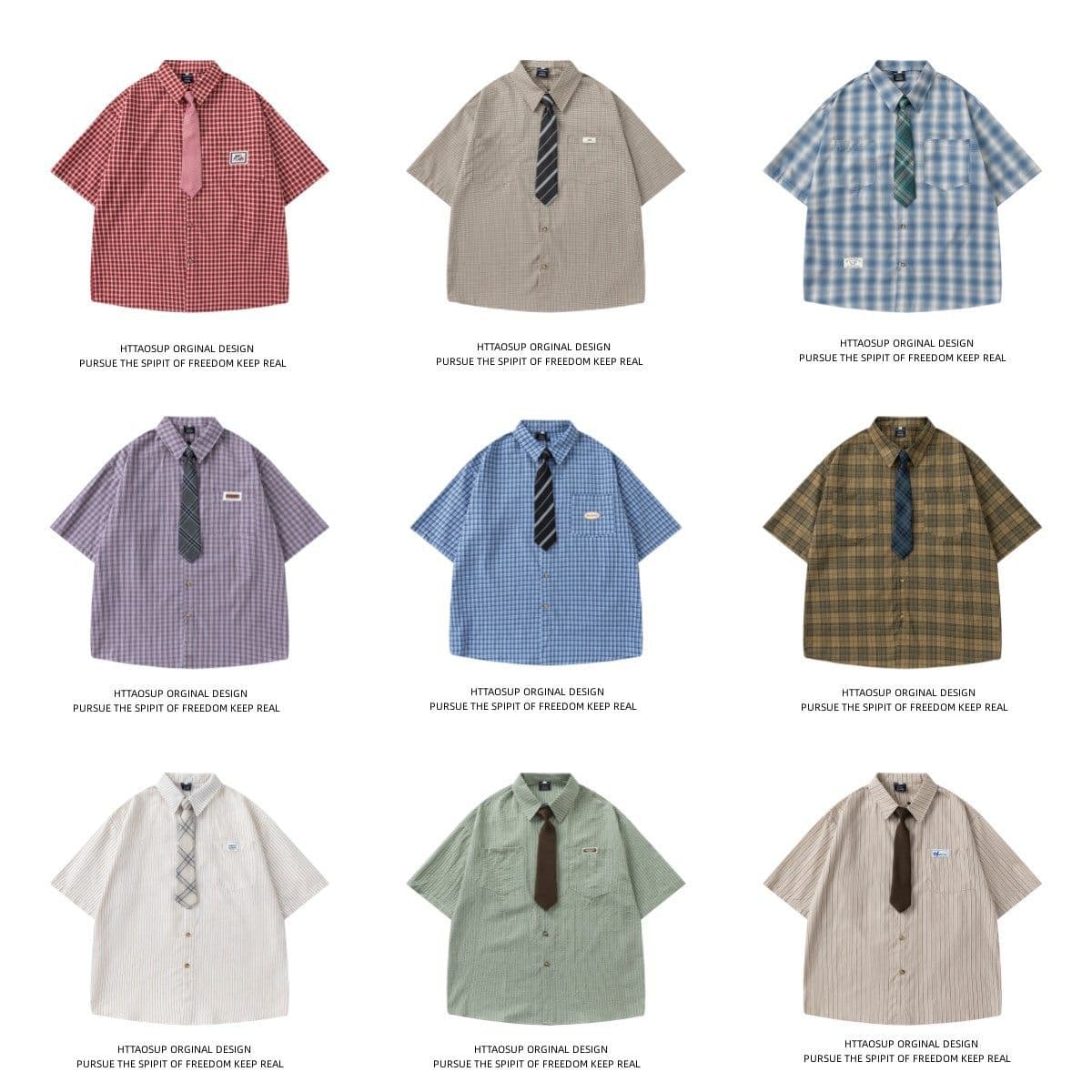 Drop Shipping American Retro Plaid Tie Short Sleeve Shirt for Men and Women Summer College Style Striped Loose Fit Shirt