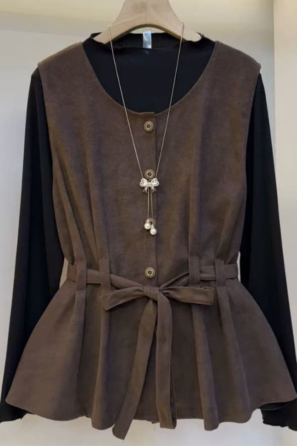 New Autumn/Winter Plus Size Women's Clothing European Style Fashionable Tie-Waist Cardigan Button Vest Solid Color High Neck Long Sleeve Set
