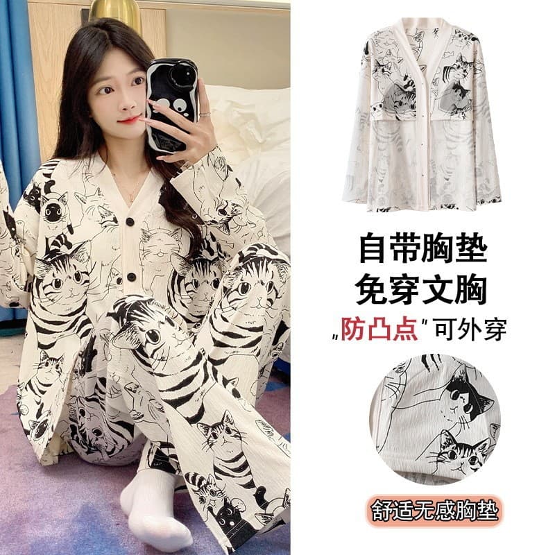 Women's Long-Sleeve Long-Pants Cardigan Pajama Set, Cotton Loose Fit, Chinese-Style Autumn and Winter Loungewear