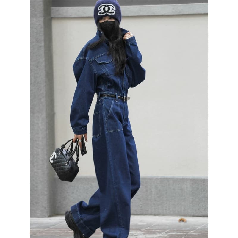 European goods, fashionable design, one-piece denim jacket, high-waisted workwear jeans, spring suit for women, with large pockets