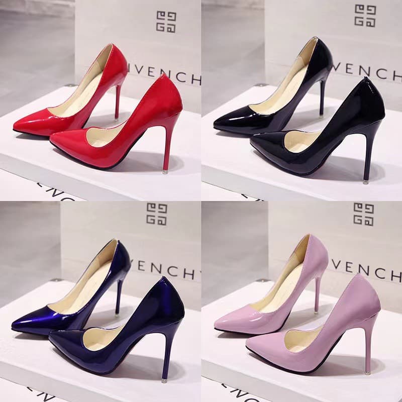 European Nude Stiletto Heels Pointed Toe Black Work Shoes Women Patent Leather Blue Large Size Red Wedding Shoes