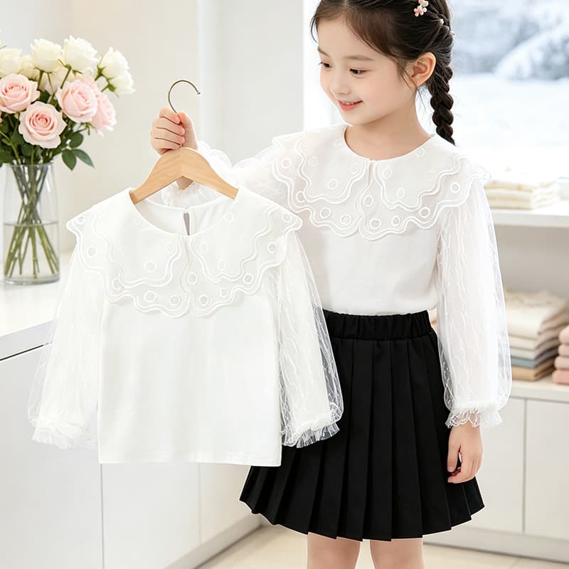Kids Girls Cotton Top Spring/Fall Long-Sleeve Princess Style White Puff Sleeve Inner T-Shirt for Little Girls, Size 7