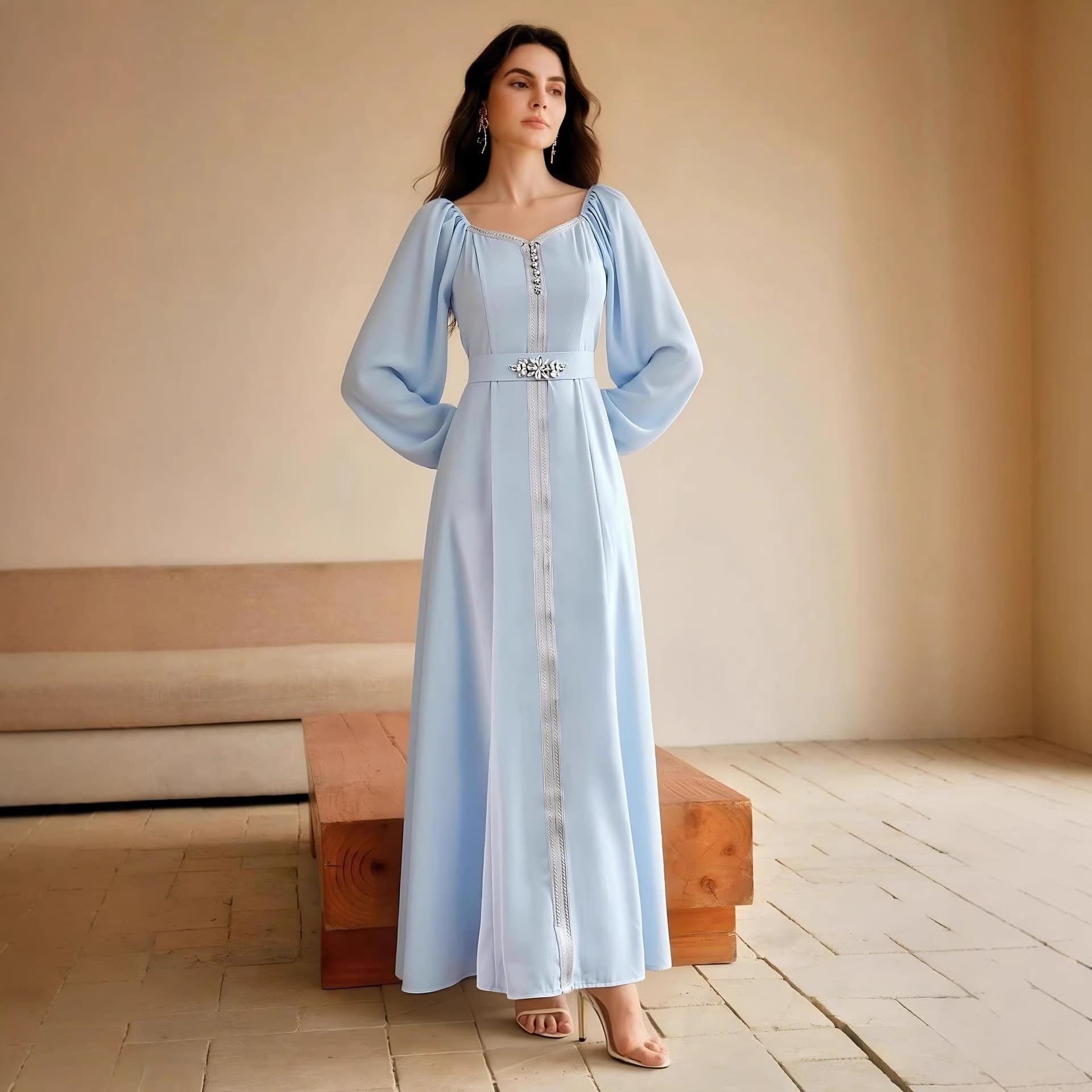FC-90504 Hot Selling New Women's Modest Chiffon Dress with Beaded Belt In Stock