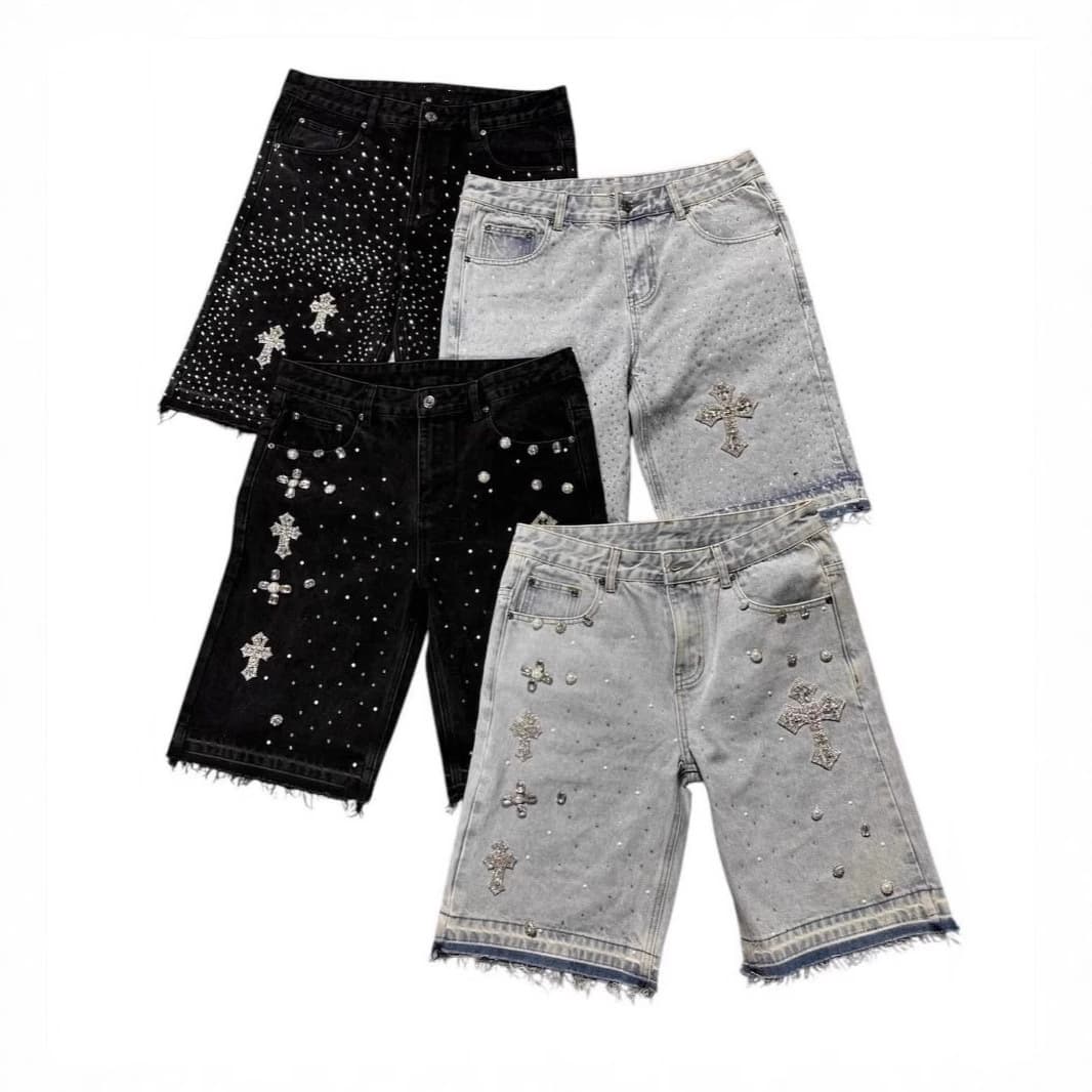 European and American cross-border foreign trade full-diamond hip-hop cross straight hot diamond denim shorts men's five-point jeans for men