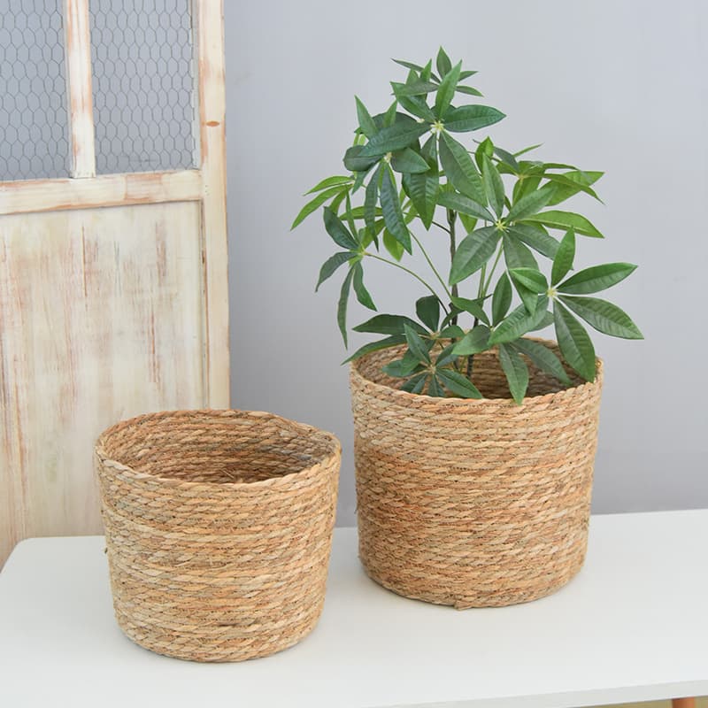 Qixi Woven Grass Flower Basket Round Hug Bucket Flower Arrangement Basket Decorative Green Plant Pot Stock Rattan Woven Hug Bucket