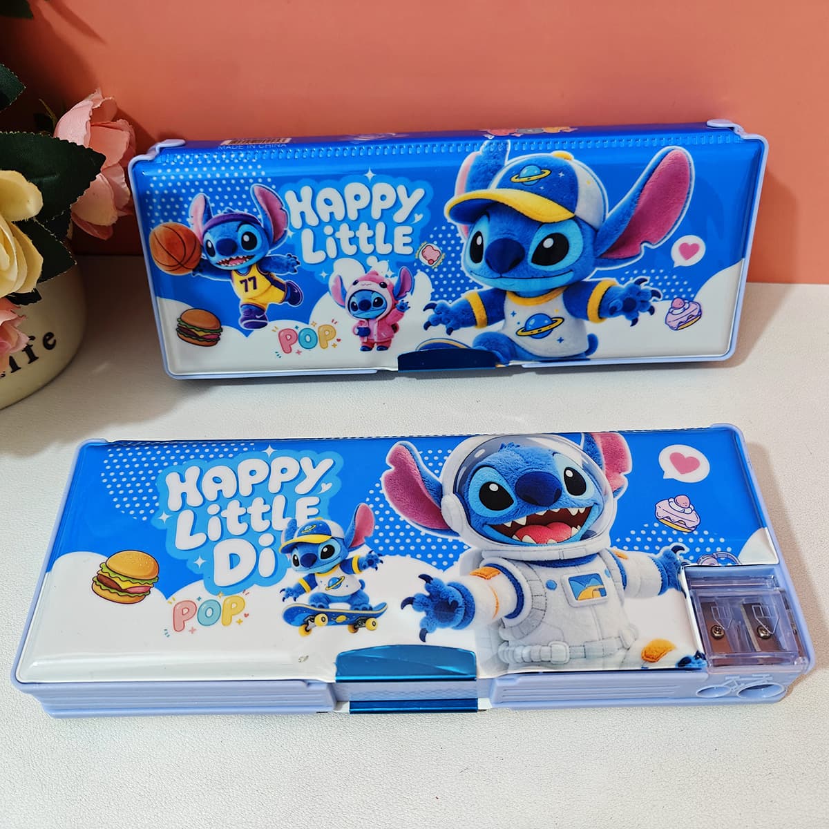 Stitch Cartoon Double-layer Magnetic Magnetic Stationery Box with Pencil Plane for Primary School Students and Children Cute Dicky Storage Pen Box
