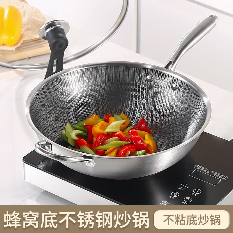Cross-border Stainless Steel Wok, Honeycomb Non-Stick Pan, Home Use Flat Bottom Stir-fry Pan for Induction, Gas, and Stove Tops