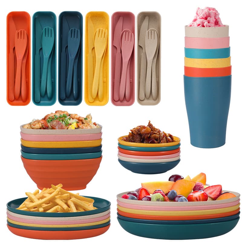 Amazon Wheat Straw Dinnerware Set for 6 - Plates, Bowls, Cups, Knives, Forks, Spoons, Chopsticks, Outdoor Cutlery Set