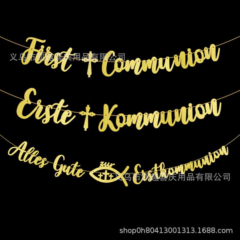 German First Holy Communion Themed Party Decoration Pull Flag Banner Blessing Wishes Decoration Glitter Pull Flag Fish