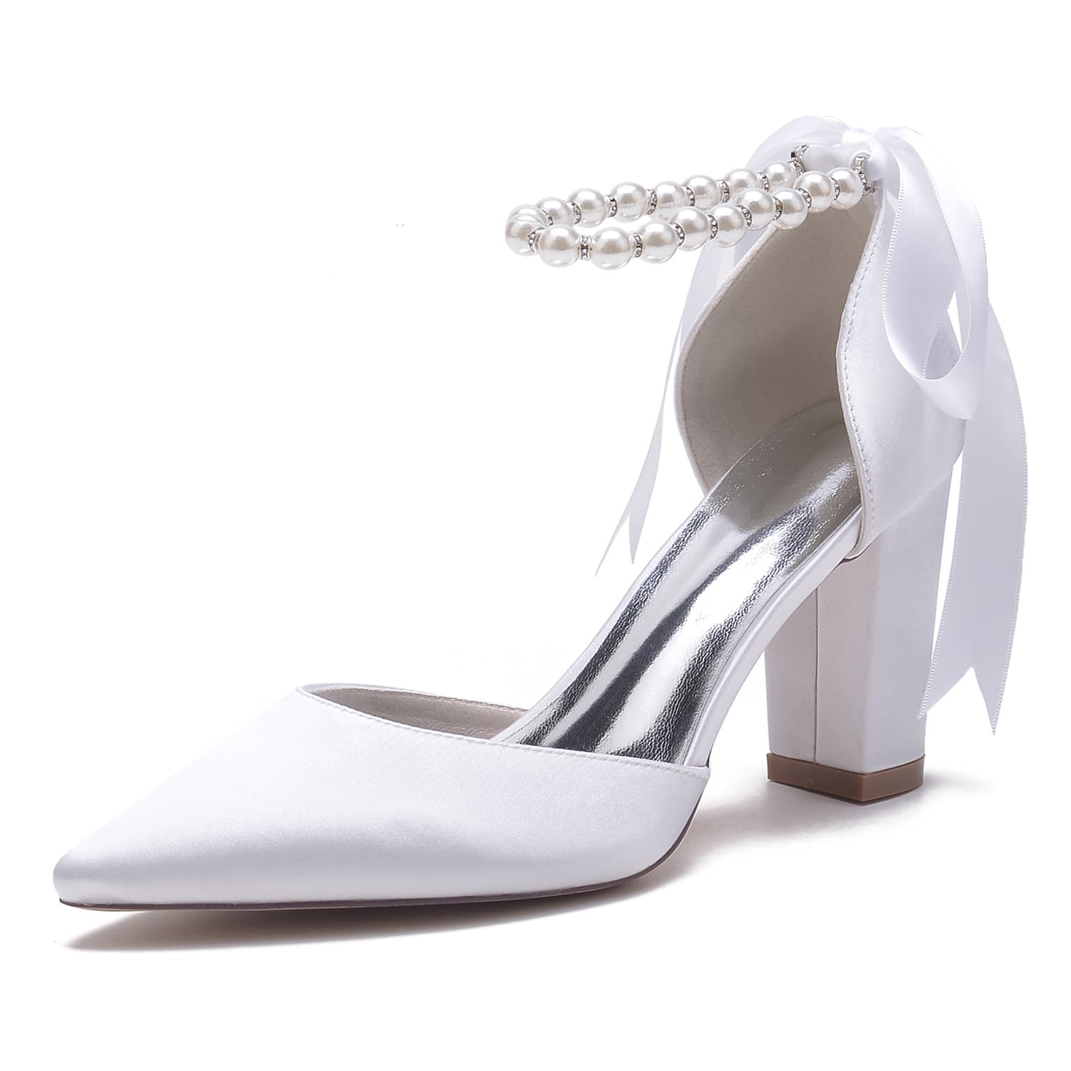 2025 thick heel pointed toe pearl ribbon lace wedding shoes bride shoes bridesmaid shoes banquet shoes 22014-15SD