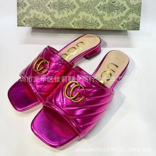 High-end G-brand Metal Flat Sandals for Women 2025 New Style, Laser Square Toe, Rhinestone Slide, Large Size