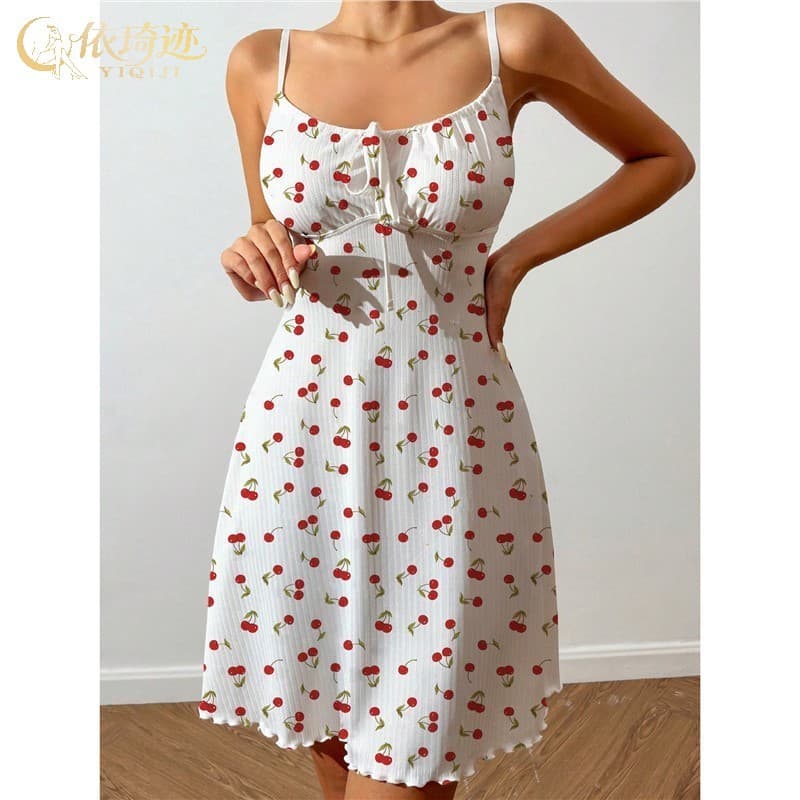 Cross-border Hot Selling in Europe and America Amazon Heart Print Contrast Color Home Slit Camisole Nightgown Butterfly