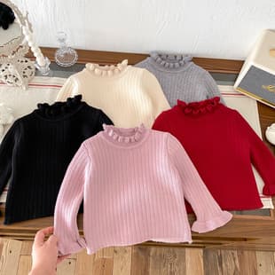 Infant & Toddler Autumn/Winter Thermal Top, Korean Style Ruffle Hem Knit Sweater, Fleece-Lined Inner Layer, One-Year-Old Baby Knitwear