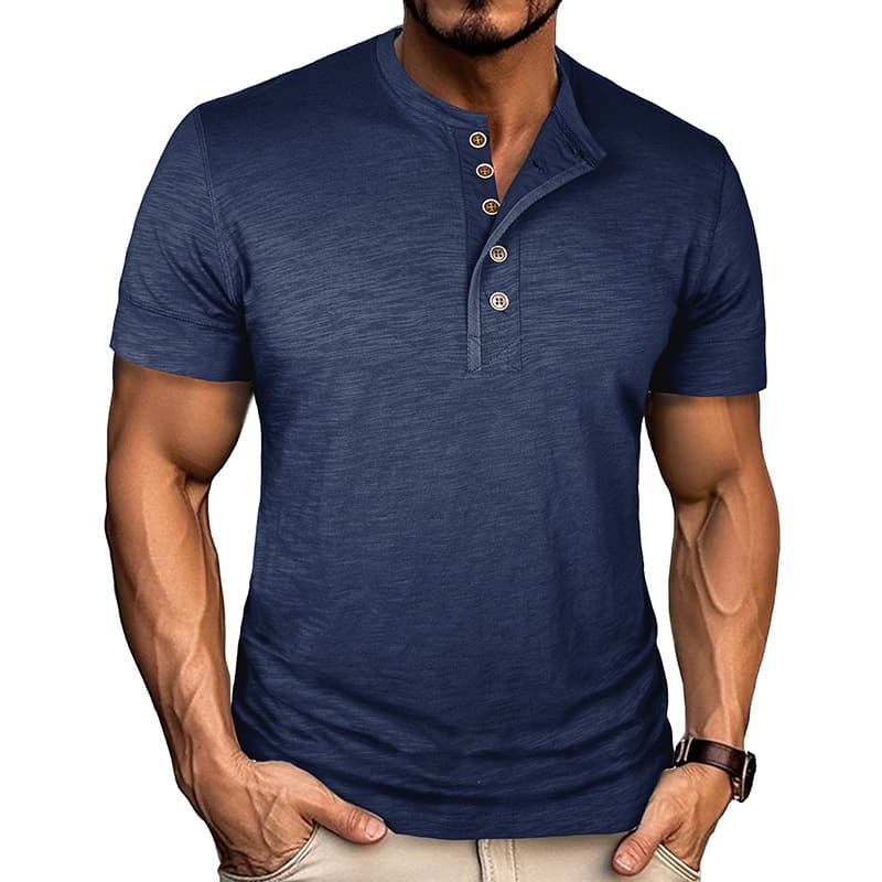 Summer Cross-Border European and American Men's Short-Sleeved Cotton Henley Shirt Amazon Men's Casual Round Neck T-Shirt Tops Wholesale