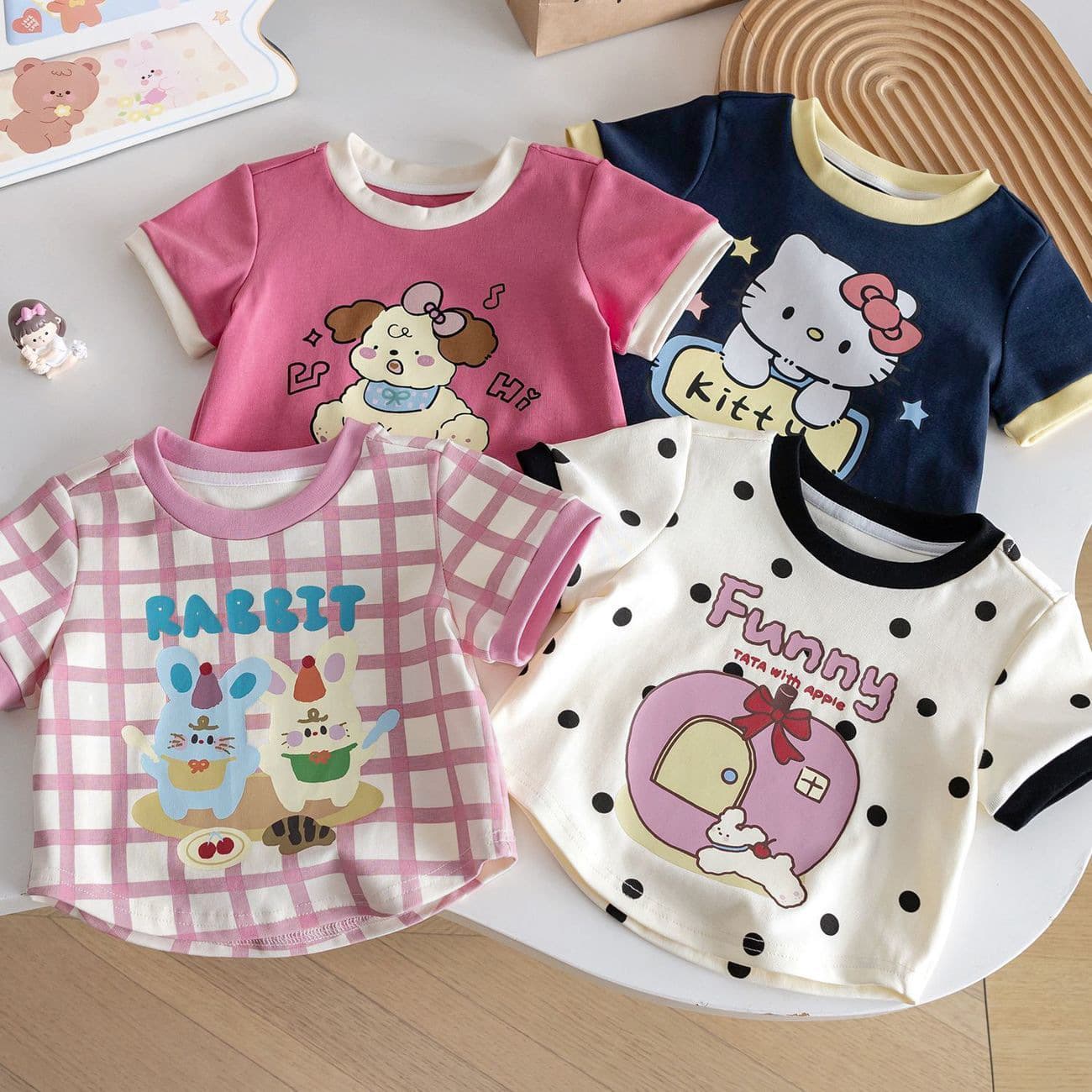 Summer new style cartoon style cute baby girl polka dot plaid contrast stitching short-sleeved T-shirt tops wholesale