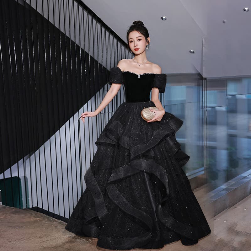 Black Off-The-Shoulder Women's 2026 New Model Graduation Dress for Art Exams, Elegant Party Gown with Large Skirt, Ball Gown Princess Style