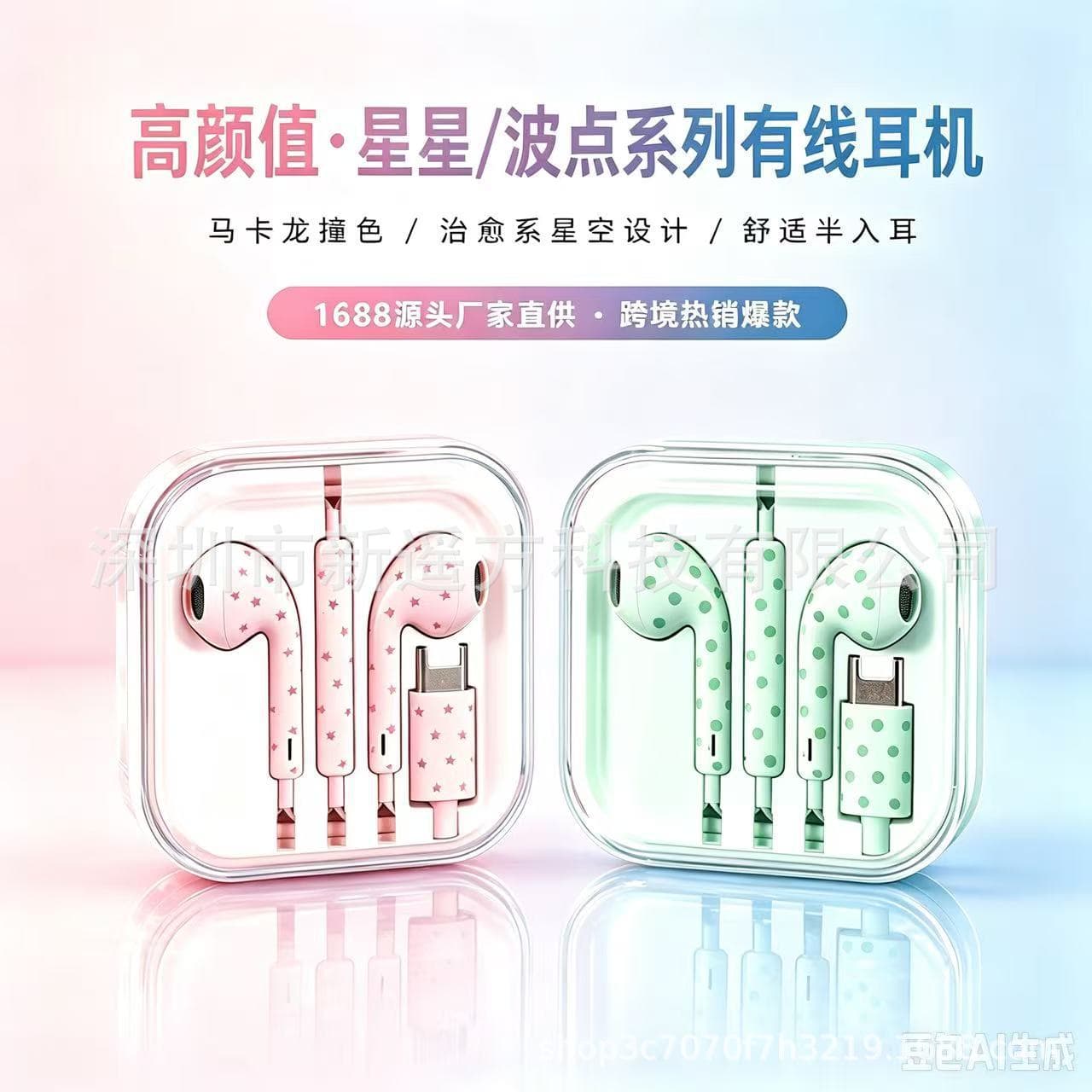 Remote customized water transfer printed polka dot painted star pattern wire controlled with wheat type-c mobile phone wired headset wholesale