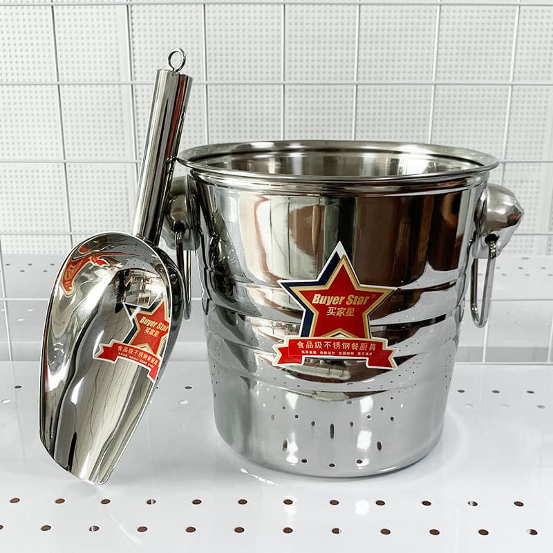 Stainless Steel Ice Bucket Double Ear Handled Thickened Bar Champagne Ice Bucket Ice Scoop Flour Grain Scoop Multi-purpose Food Scoop