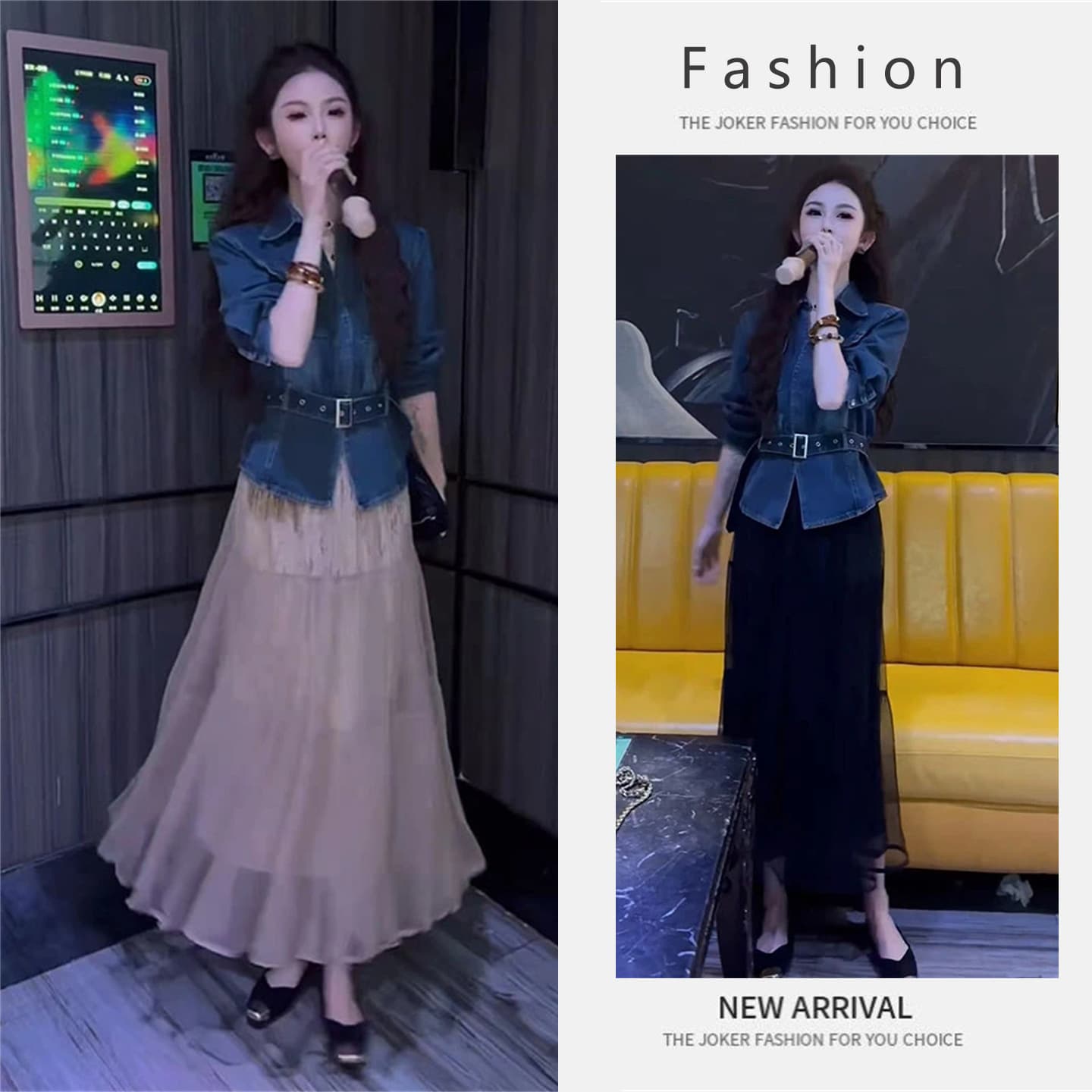 2025 Fall New Korean Style Versatile Fashion Denim Jacket with Waist-Slimming Mesh Skirt Two-Piece Set