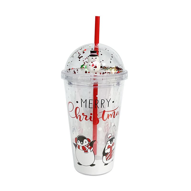 Double-layer plastic straw cup with lid, insert paper, customizable color and logo, plastic 16OZ straw cup
