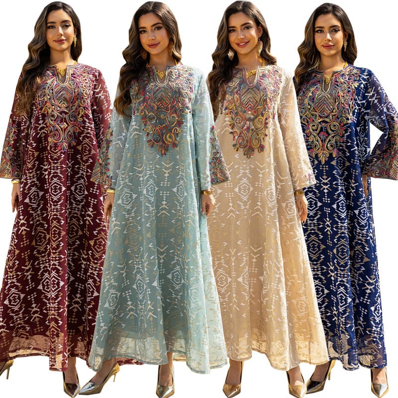 AB464 Amazon Fashion Mesh Embroidery Embroidered Splicing Long Skirt Women's Dress