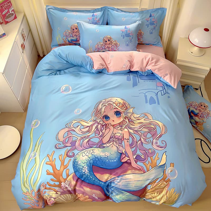 Pure Cotton Four-Piece Bed Sheet Set, Kids' Cartoon 100% Cotton Quilt Cover, Fitted Sheet, 1.68m Bedding Three-Piece Set