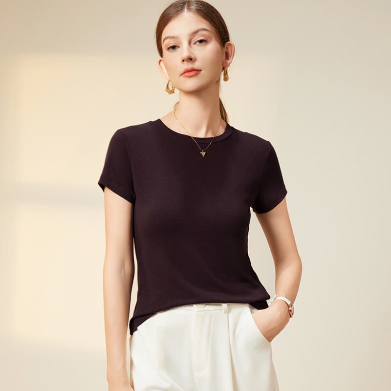 New! Super soft round neck top for women 2025 spring and summer women's lyocell + acetic acid + wool T-shirt for women