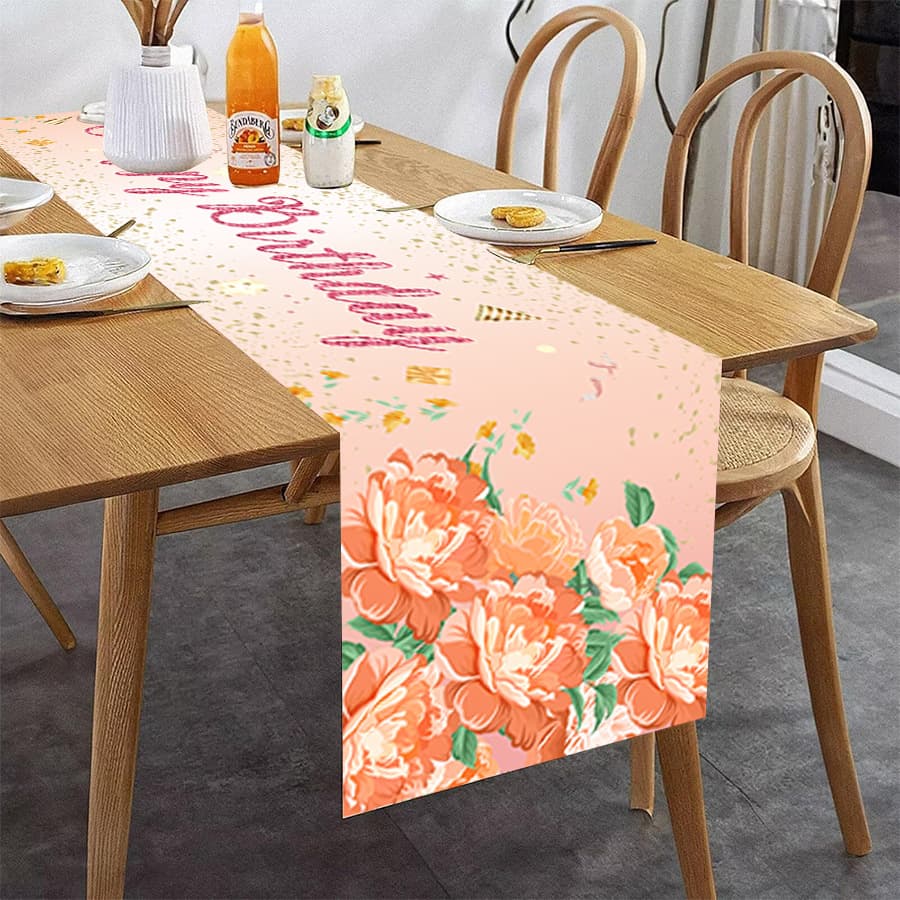 Pink Gold Floral Happy Birthday Table Runner, Luxury Long Tablecloth for Women's Birthday Party Table Scene Decoration
