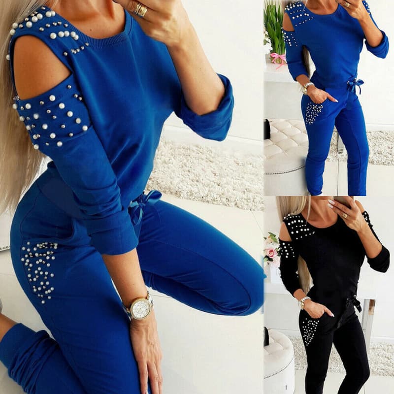 2024 Fall European and American AliExpress Hot Selling Off-Shoulder Sexy Beaded Solid Color Sports Round Neck Long Sleeve Casual Set
