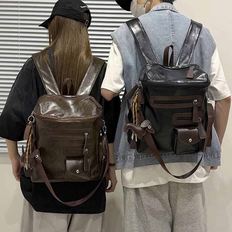 Retro brown vintage-looking high-quality soft PU backpack for couples, same style campus commuter school bag, travel backpack